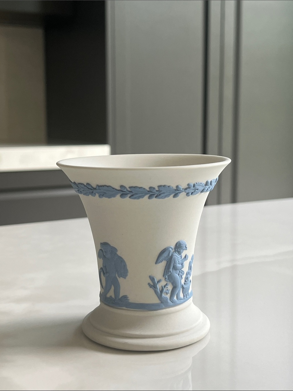 Wedgwood Jasperware Winter White and Wedgwood Blue Trumpet Vase.